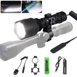 Lampe Tactique C8 Blanc  800m LED avec Batterie 18650 Chargeur Support Fusil et Interrupteur D&eacute;port&eacute;