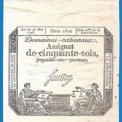 France Assignat 50 Sols 1793 Serie 1876 An 2 De La R&eacute;publique Signature Faussay
