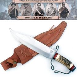 Couteau Bowie Manche en Os de Cerf Lame Acier inox D-Guard en Acier Damas Etui en Cuir OF039071