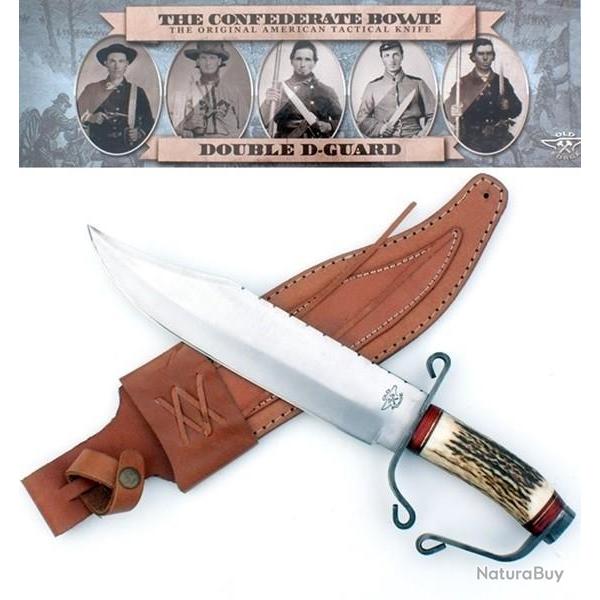 Couteau Bowie Manche en Os de Cerf Lame Acier inox D-Guard en Acier Damas Etui en Cuir OF039071