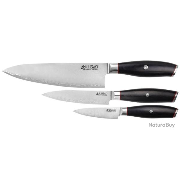 Wusaki Coffret - S�rie San Mai 10Cr15 - Chef 200mm - Universel 120mm - Office 90mm - Manche Pakkawoo