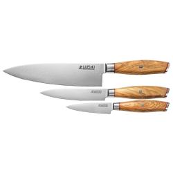 Wusaki Coffret - S&eacute;rie Damas 10Cr - Chef 200mm - Universel 120mm - Office 90mm - Manche Olivier