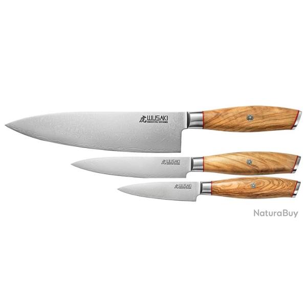 Wusaki Coffret - S�rie Damas 10Cr - Chef 200mm - Universel 120mm - Office 90mm - Manche Olivier