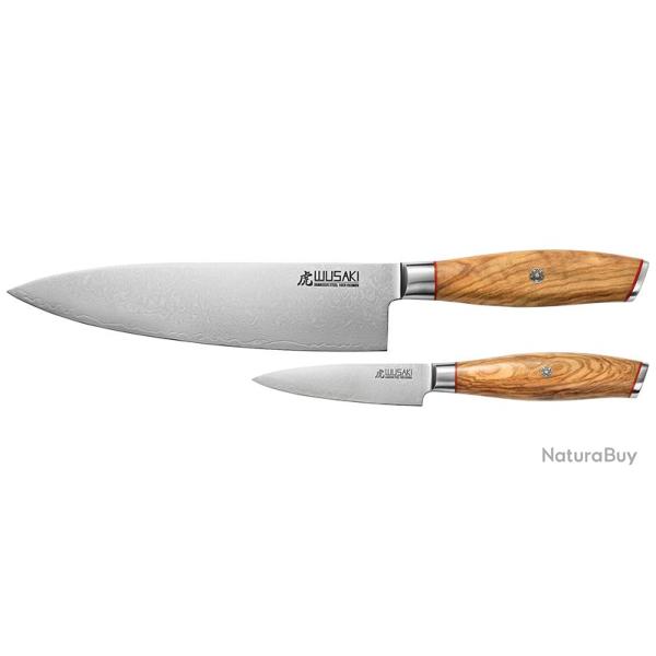Wusaki Coffret - S�rie Damas 10Cr - Chef 200mm - Office 90mm - Manche Olivier