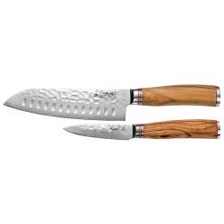 Wusaki Coffret - S&eacute;rie damas - Santoku alv&eacute;ol&eacute; 170mm - Office 90mm - Manche Olivier