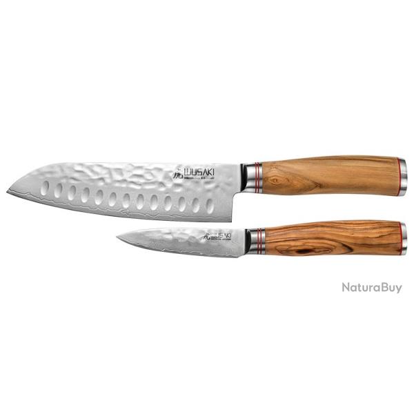Wusaki Coffret - S�rie damas - Santoku alv�ol� 170mm - Office 90mm - Manche Olivier