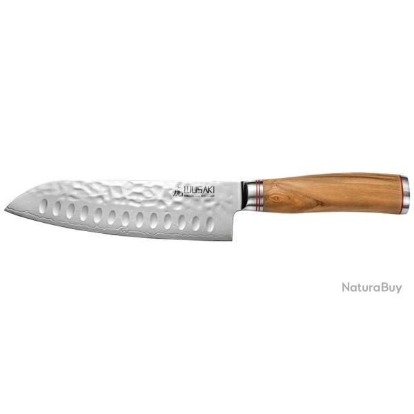 Wusaki Couteau Santoku alv�ol� - S�rie damas - Lame 170mm - Manche Olivier