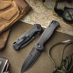 Couteau Trivisa Crateris-04B Lame Acier 14C28N Satin Manche Black Micarta Button Lock TVTY16M14