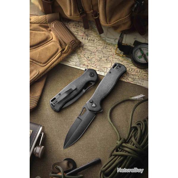 Couteau Trivisa Crateris-04B Lame Acier 14C28N Satin Manche Black Micarta Button Lock TVTY16M14