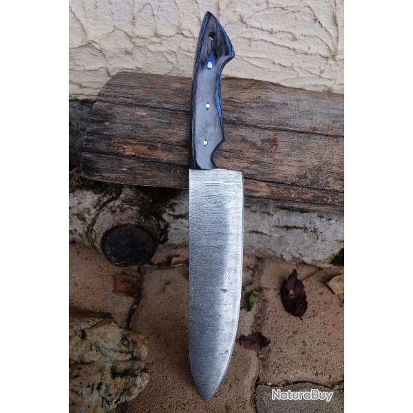 Couteau De Cuisine Style Japonais Lame Acier Damas 256 Couches Manche Bois Fabric Artisanale