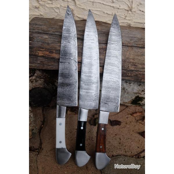 Lot de 3 Couteau De Cuisine Lame Acier Damas 256 Couches Manche Bois/Os/R�sine Fabric Artisanale
