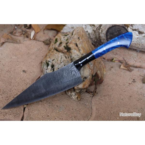 Couteau de Cuisine Style Japonais Kiritsuke Lame Acier Damas 256 Couches Manche R�sine F Artisanale