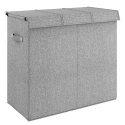 Panier linge pliable tissu faux lin gris 64,5x34,5x59 cm 3 compartiments