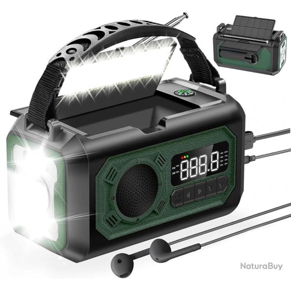 Radio Urgence 2 Panneaux Solaires Batterie 12000mAh Manivelle Radio AM/FM Alarme SOS Boussole Vert