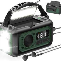 Radio Urgence Manivelle 2 Panneaux Solaires Batterie 12000mAh Radio AM/FM Alarme SOS Boussole Vert