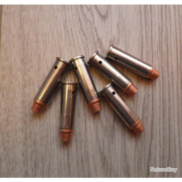 Six Cartouches  calibre 38 SPL   ( neutralis�es, douilles nickel�es, ogives SWC cuivr�es )