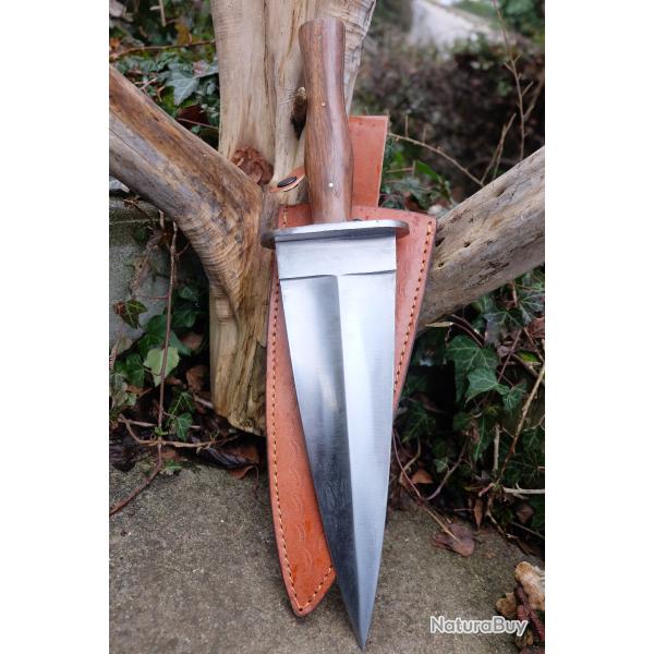 Poignard Grosse Dague Lame Acier Carbone 1055 Double Tranchant Manche Bois Etui Cuir Fab ArtisanaleA