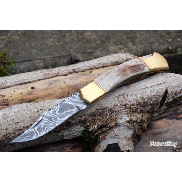 Couteau Damas Lame 128 Couches Clip Point Manche Bois de Cerf Dos Guilloch� Fab Artisanale Lockback