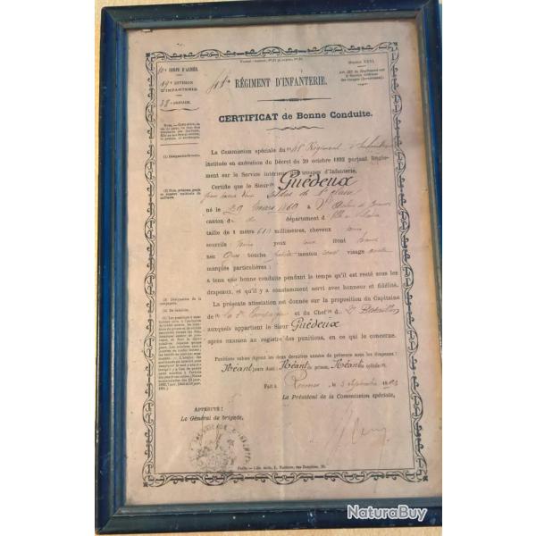 Cadre souvenir 41�me R�giment d'infanterie Certificat de bonne conduite