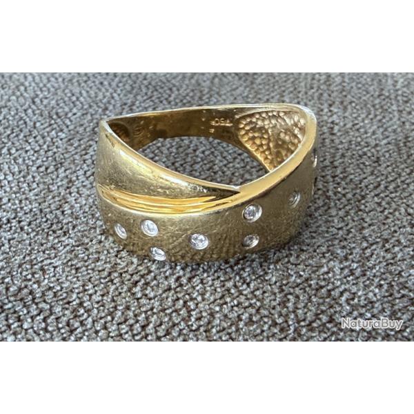 Large anneau or jaune massif 18 carats - diamants - bague - taille 57