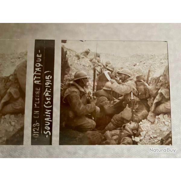 Ancienne plaque st�r�o en verre WW1 Tranch�e En pleine attaque Souain septembre 1915