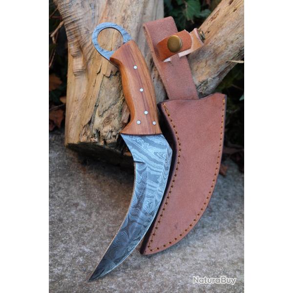 Couteau Karambit Lame Acier Damas 256 Couches Manche Bois Etui Cuir Fabr Artisanale