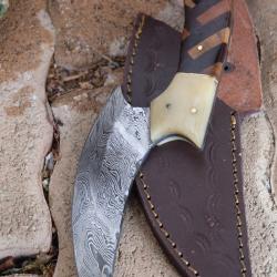 Couteau d'Esquimau Inuit Ulu Lame Acier Damas 256 Couches Manche Bois/Os Etui Cuir Fab Artisanale