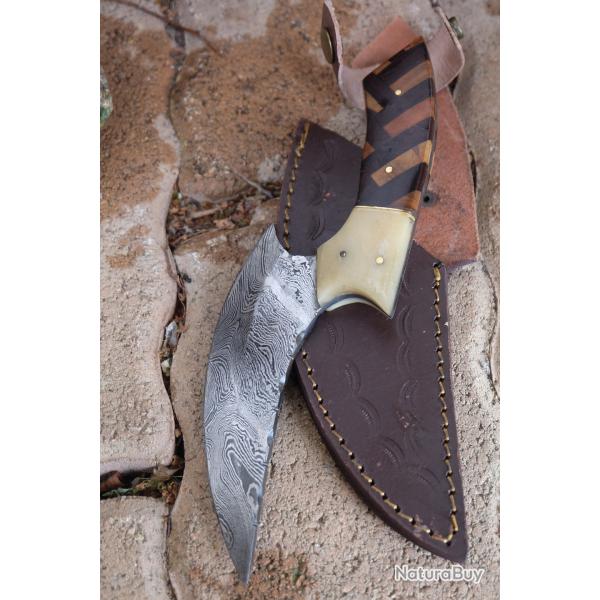Couteau d'Esquimau Inuit Ulu Lame Acier Damas 256 Couches Manche Bois/Os Etui Cuir Fab Artisanale