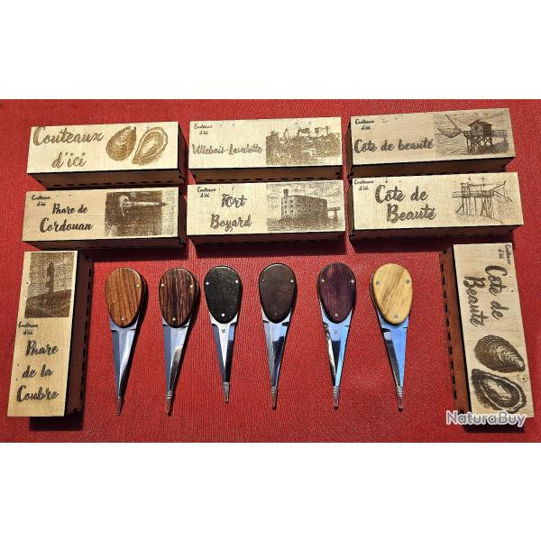 couteaux � huitres artisanaux gamme bois pr�cieux - livr� en coffret bois personnalisable