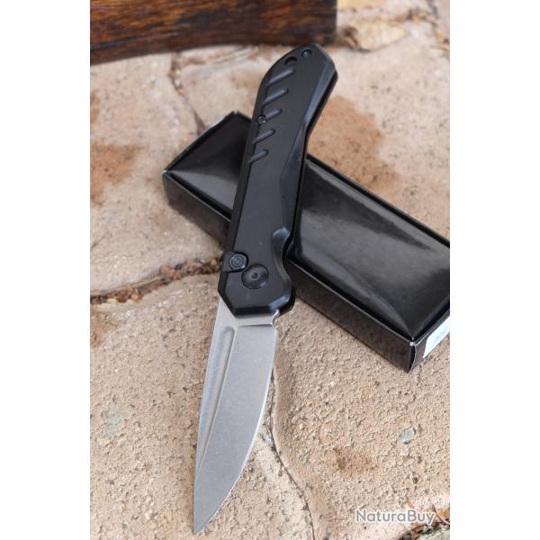 Couteau Semi Automatique Lame Acier 440 Manche Aluminium Black Button Lock Clip Tactical Urban