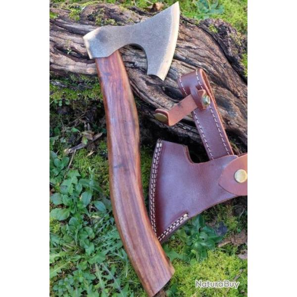 Hache De Viking Tomahawk Lame Acier Carbone Manche Bois Etui Cuir Fabrication Artisanale HDVK
