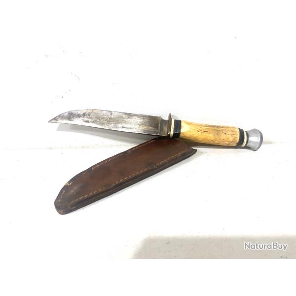 Ancien Couteau poignard de scout ou chantier de jeuneusse Manche rondelle de cuir et corne