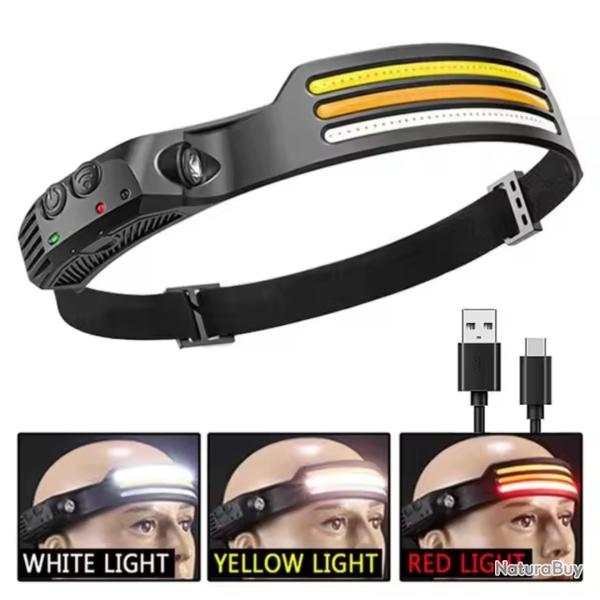 Lampe frontale LED rechargeable - 3 bandes lumineuses + spot
