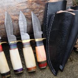 LOT DE 4 Couteau Skinner Damas Lame 256 Couches Manche Os Fab Artisanale Etui Cuir 001