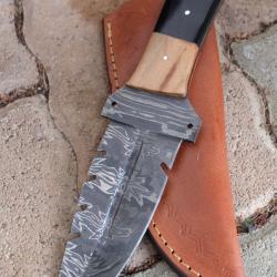 Skinner Couteau Damas Lame 256 Couches Harpoon Manche Bois Fabrication Artisanale Etui Cuir