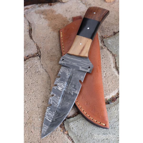 Skinner Couteau Damas Lame 256 Couches Harpoon Manche Bois Fabrication Artisanale Etui Cuir
