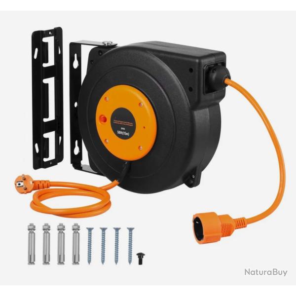 Enrouleur de c�ble �lectrique extension r�tractable, 15 m, 1000 W