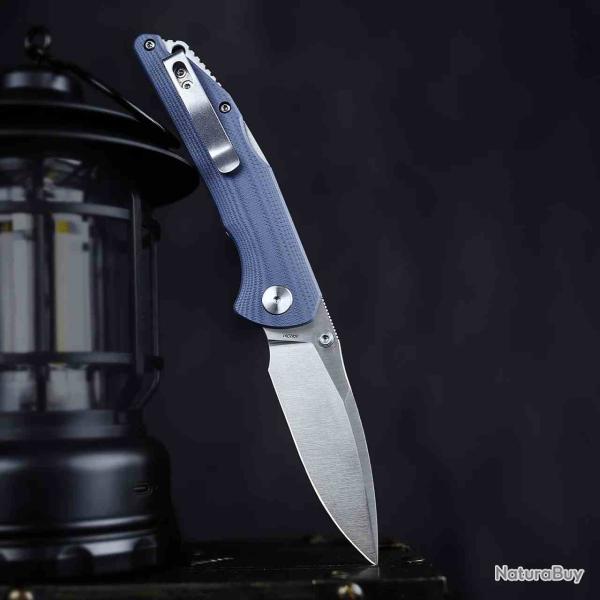 Couteau Trivisa Arae-03G Lame Acier 14C28N Satin Manche Blue G10 Back Lock IKBS TVTY27GG14