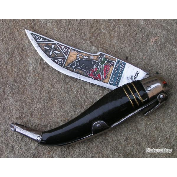 Rare Ancien couteau Catalan a Palme Corne et acier Recuerdo d'Espagne