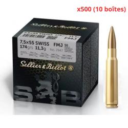 MUNITIONS SELLIER BELLOT CALIBRE 7.5x55 SWISS FMJ 174gr - 11.2g x500 