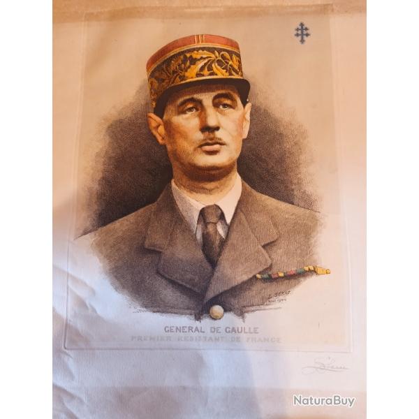 Rare Portrait du G�n�ral de Gaulle "Premier R�sistant de France" - 1944 - Avec Tube d'Origine (1945)
