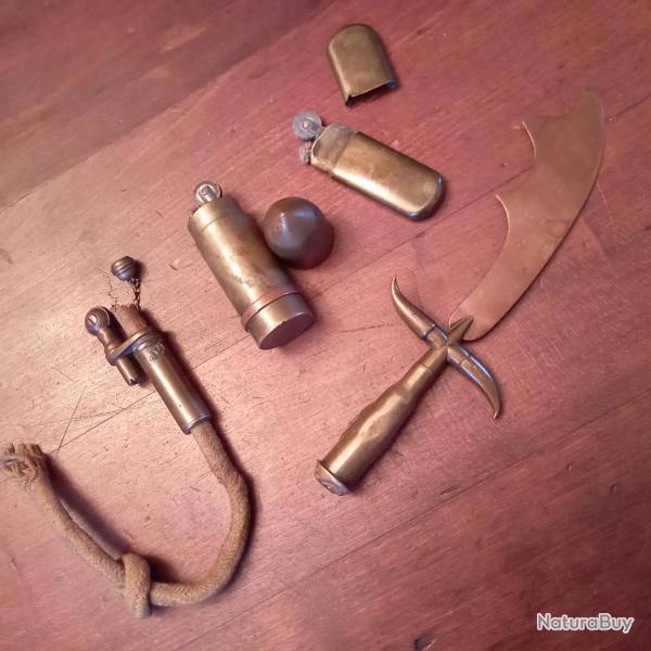 Lot d'artisanat de tranch�e avec divers briquets de poilus