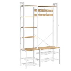 Porte-manteau meuble d'entr&eacute;e avec porte-chaussures 5 &eacute;tag&egrave;res de rangement 9 pat&egrave;res et 6 crochets