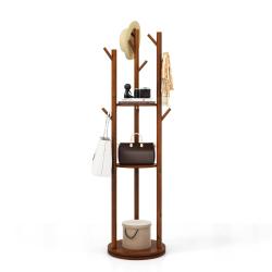 Porte-manteaux sur pied 42 x 167 cm avec base rotative 360&deg; et 3 &eacute;tag&egrave;res d&eacute;co moderne en bois d'h&eacute;
