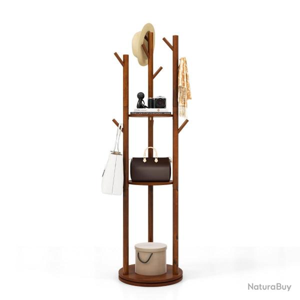 Porte-manteaux sur pied 42 x 167 cm avec base rotative 360� et 3 �tag�res d�co moderne en bois d'h�