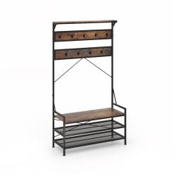 Porte-manteau 4 en 1 102 x 40 x 184 cm rangement fonctionnel 11 crochets design rustique en bois m&eacute;