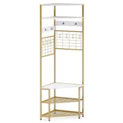 Porte-manteau d'angle &agrave; 5 niveaux 52 x 52 x 183 cm avec banc de rangement pour chaussures style ind
