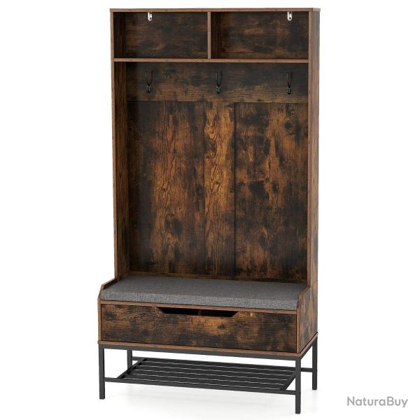 Porte-manteau 4 en 1 avec banc de rangement 90 x 38,5 x 170 cm confort optimal ambiance cosy en boi