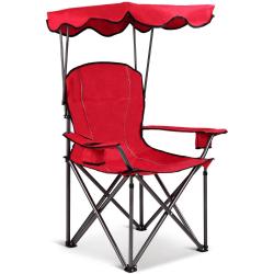 Chaise de camping pliable avec auvent 96,5 x 67,5 x 130 cm design l&eacute;ger et confortable en PVC rouge