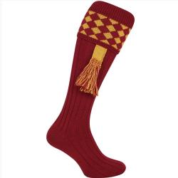 Chaussettes de chasse "Harlequin" rouge/moutarde avec garter